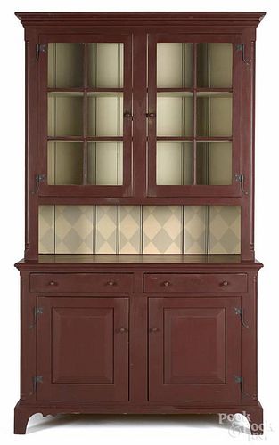 Contemporary painted pine Dutch cupboard with a red surface, 87 1/2'' h., 48'' w.