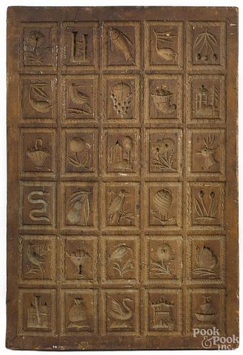 Carved Springerle cookie board, 19th c., with five rows of six various images, to include animals