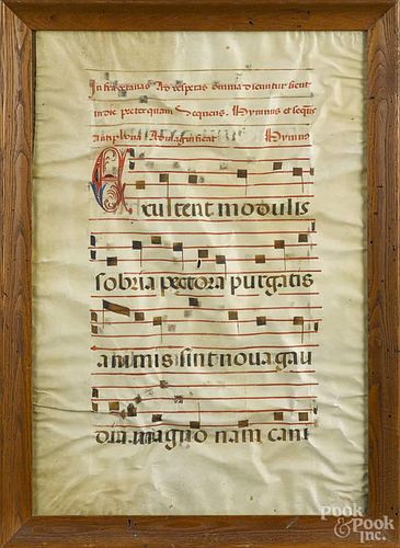 Illuminated musical manuscript page on vellum, 18th c., 20 1/2'' x 14 1/4''.
