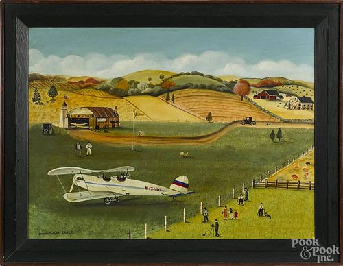 Jeanne Marston (American 20th/21st c.), oil on canvas landscape with an airport, signed lower left