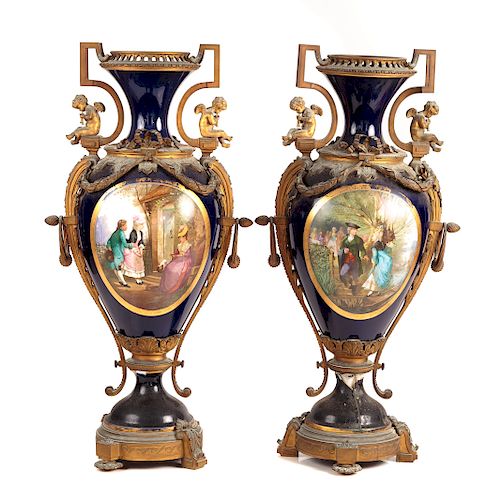 Pair Sevres Style Gilt Metal Mounted Urns
