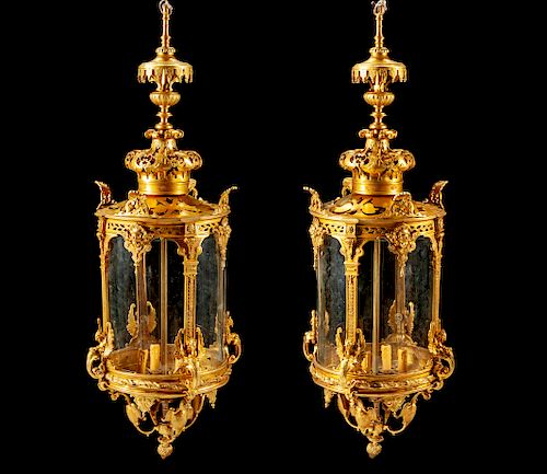 A Pair of Régence Style Gilt Bronze and Glass Lanterns 