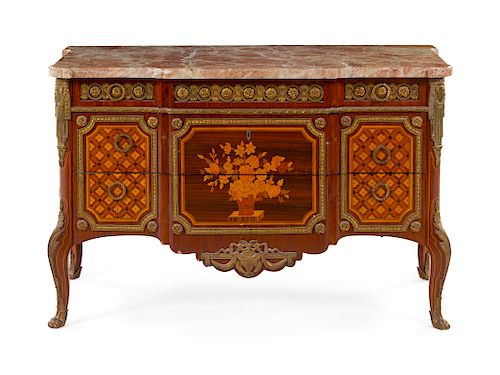 A Transitional Style Gilt Bronze Mounted Marquetry Commode
