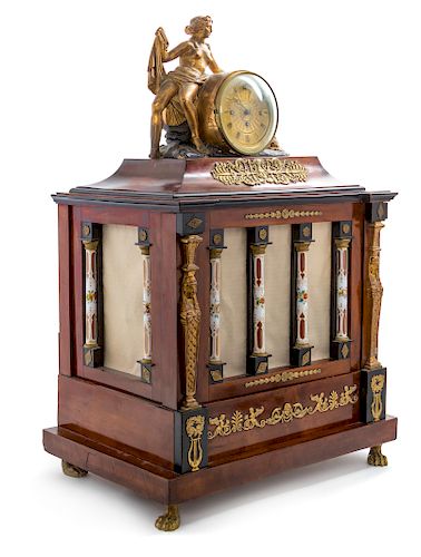 An Austrian Parcel Gilt and Enameled Glass-Mounted Mahogany Musical Clock