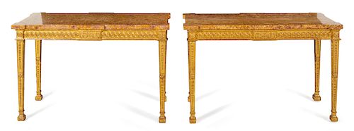 A Pair of George III Style Giltwood and Brocatelle Violette d'Espagne Center Tables