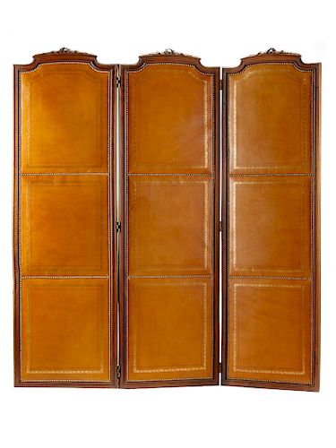 An English Mahogany and Tooled Leather Three-Panel Floor Screen