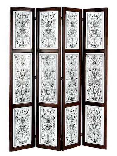 An English Mahogany and Etched Glass Four-Panel Floor Screen