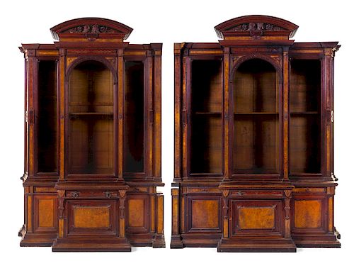 A Pair of Victorian Mahogany and Burlwood Breakfront Bookcases