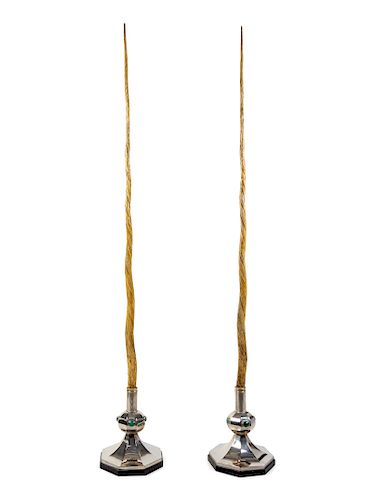 A Pair of Anthony Redmile Silver-Plate and Malachite Mounted Simulated Narwhal Tusks