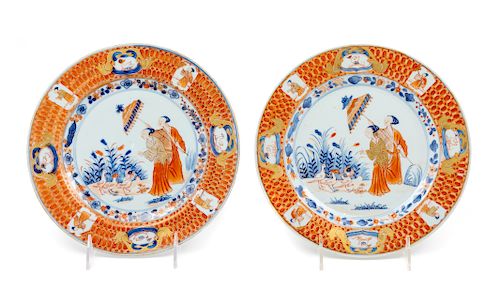 A Pair of Chinese Export 'La Dame Au Parasol' Porcelain Plates