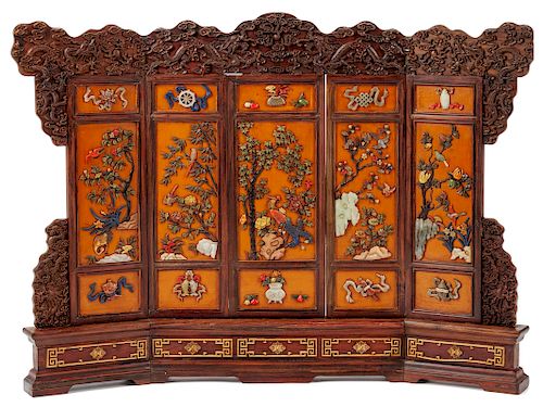 A Chinese Carved and Hardstone Inlaid Table Screen