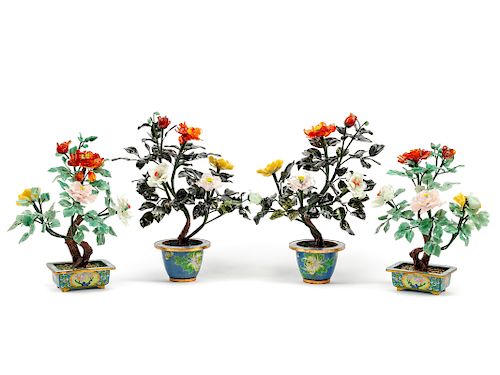 Two Pairs of Chinese Export Hardstone and Cloisonné Enameled Trees