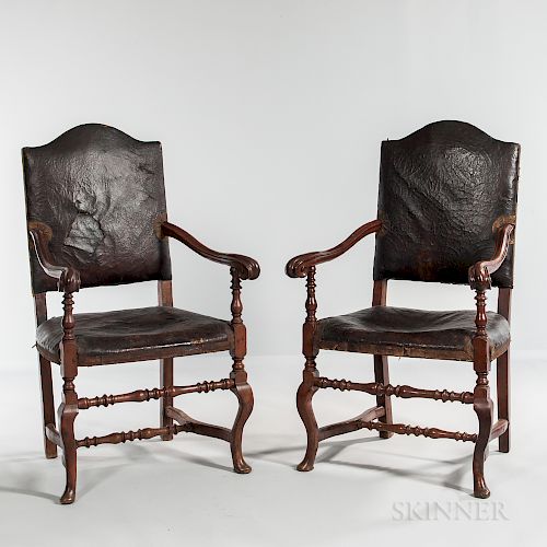 Pair of Continental Baroque Leather-upholstered Open Armchairs
