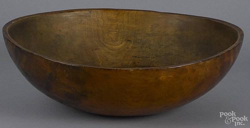 Large turned wooden dough bowl, 19th c., 20 3/4'' dia., together with two miniature wooden row boats