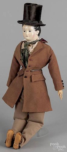 Greiner-type composition boy doll, late 19th c., with its original outfit, including a beaver top hat