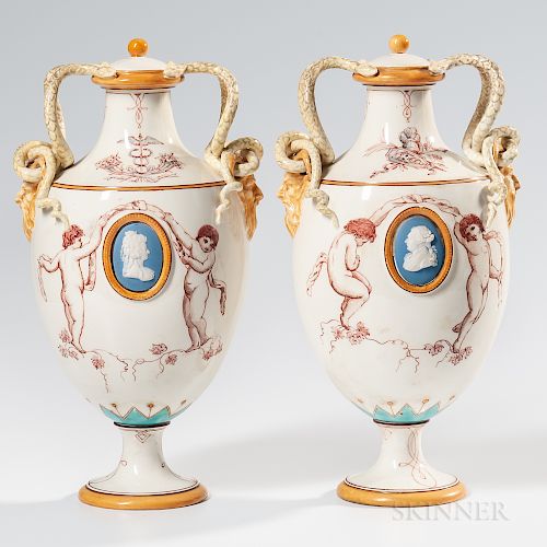 Pair of Wedgwood Emile Lessore Decorated Queen's Ware Vases and Covers