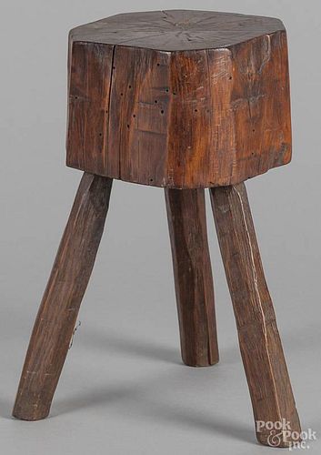 Primitive pine three-legged stool, 19th c., 12 1/4'' h.