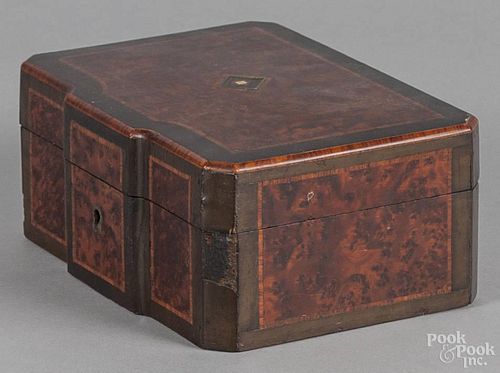Victorian burled walnut sewing box, late 19th c., with several accoutrements, 3 1/2'' h., 7 1/2'' w.