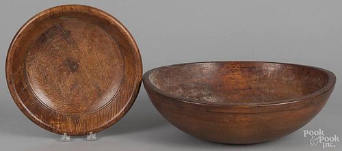 Turned burl plate, 19th c., together with a turned pine bowl, largest - 5 3/4'' h., 16 1/4'' dia.