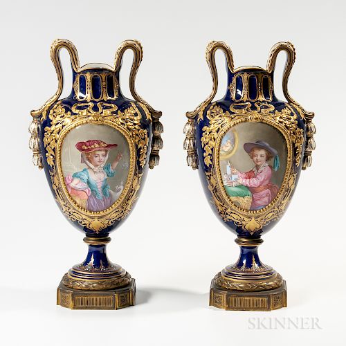 Pair of Sevres-style Porcelain Portrait Vases