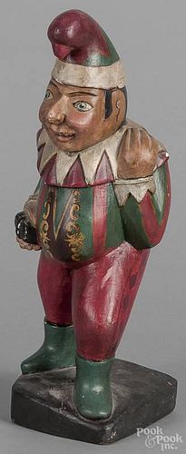 Carved and painted figure of a cigar store jester, 15'' h.