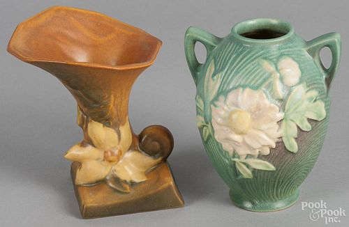 Two pieces of Roseville art pottery, 20th c., 6'' h. and 6 1/4'' h.