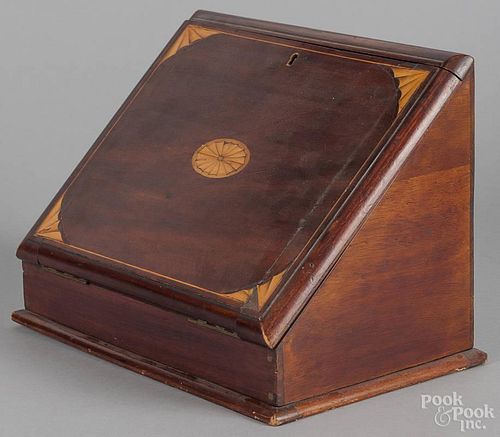 Inlaid mahogany letter box, early 20th c., 9 3/4'' h., 13 1/2'' w.