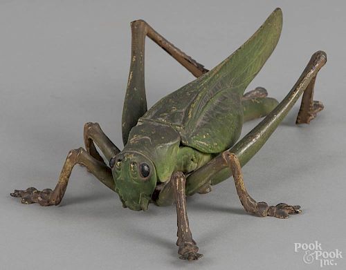 Unusual cast iron grasshopper inkwell, ca. 1900, 12'' l.