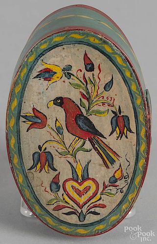 Small painted band box, mid 20th c., stamped on underside Decorated box by the Kauffmans