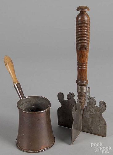Steel food chopper, late 19th c., with a chicken crest, 12'' h., together with a copper dipper