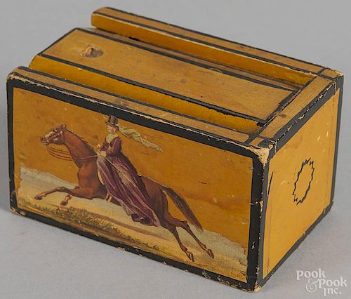 Small painted pine slide lid trinket box, 19th c., having an applied die cut of a woman on horseback