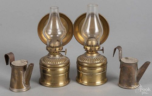Two brass miner's lamps, ca. 1900, 2'' h., together with two miniature brass oil lamps, 5 3/4'' h.