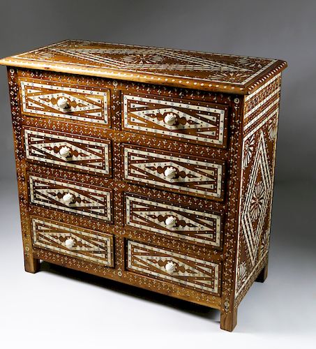 Brass Studded and Bone Inlaid Teak Wood Chest of Drawers