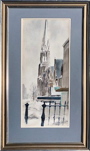 C. Robert Perrin Watercolor on Paper "Snowfall on Newbury Street, Boston"
