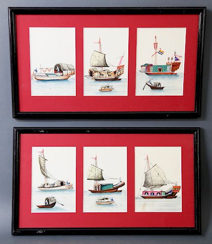 Six Chinese Export Watercolors on Pith Paper "Six Views of Junks"