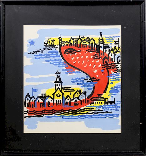 Peter Hunt Folk Art Tempera On Paper “Cape Cod Red Fish”