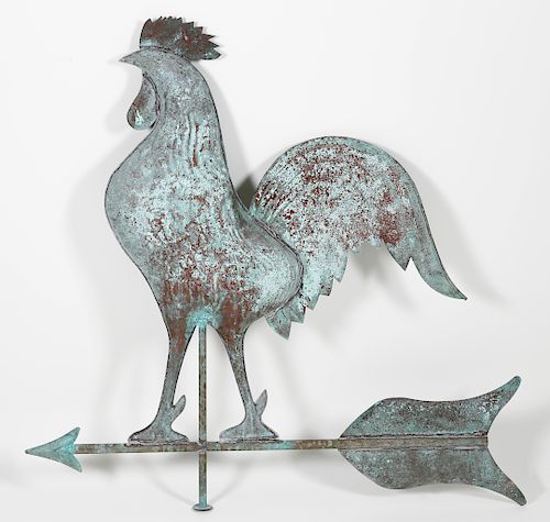 Large Green Patina Copper Rooster Weathervane