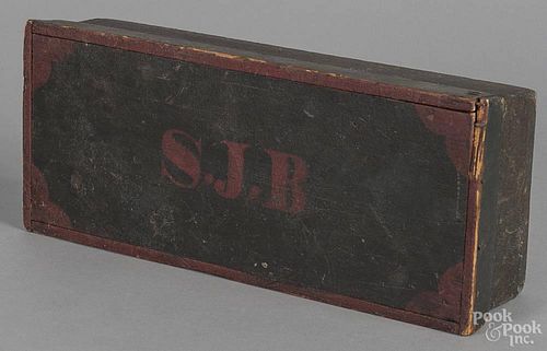 Painted pine document box, 19th c., initialed S.J.B on the lid, all on a blue green background