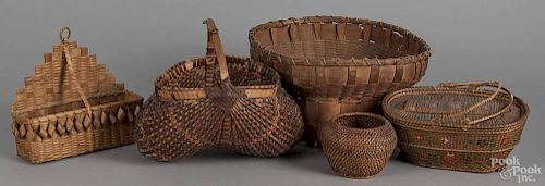 Five miscellaneous baskets, ca. 1900, to include a Maine stamped gathering basket
