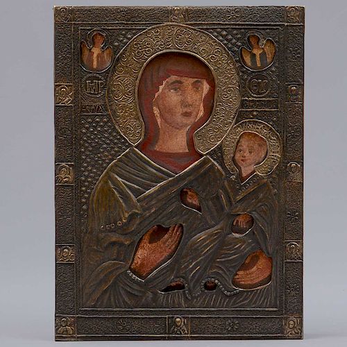 Icono. Theotokos. Repujado y óleo sobre madera. Sin enmarcar.