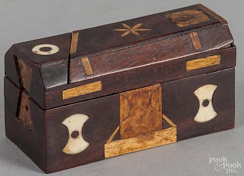 Mahogany inlaid trick box, ca. 1800, with fruitwood, bone, heart, and geometric inlays, 1 3/4'' h.