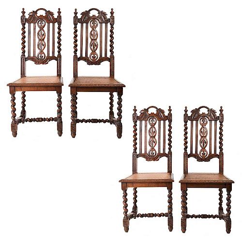 Lote de 4 sillas. Francia. Siglo XX. En talla de madera de roble. Con respaldos semiabiertos, asientos de bejuco, fustes entorchados.