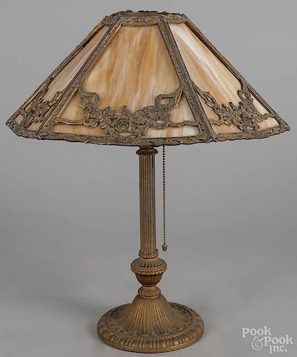 Slag glass and iron table lamp, early 20th c., 20'' h.
