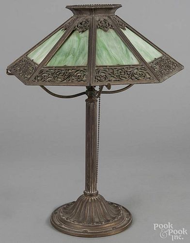 Slag glass and bronze table lamp, early 20th c., 19 1/2'' h.