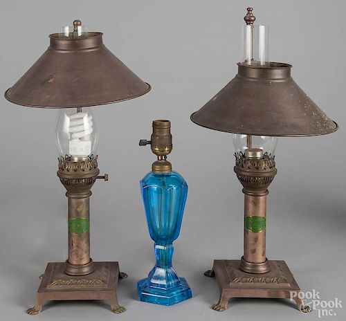 Pair of brass table lamps, 20th c., bearing a label Orient Express - Paris Istanbul, 20'' h.