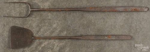 Pair of wrought iron utensils, 19th c., with later inscription B. F., 17 1/2'' l.