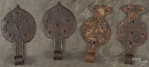 Two pairs of Moravian wrought iron hinges, 19th c., one pair with tooled and stamped decoration
