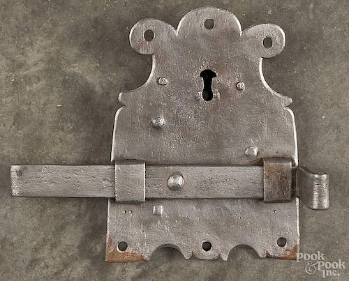 Large wrought iron door bolt, 19th c., 8'' h.