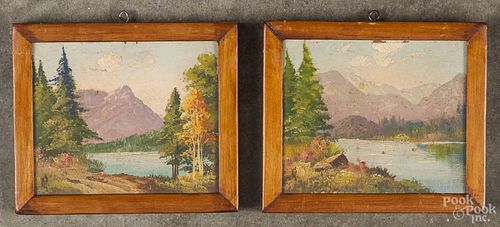 Pair of miniature oil on board landscapes, ca. 1900, initialed WP, titled on verso Bear Lake