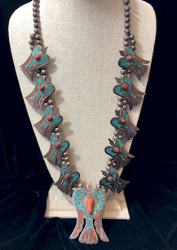 M. Ortega "HMIJ" Sterling Silver Turquoise and Corcal Chip Inlaid Peyote Bird Aquash Blossom 
